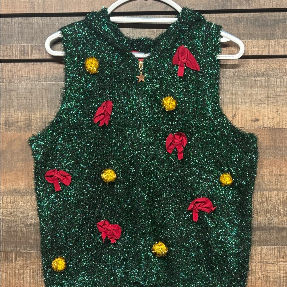 Festive Green Holiday Sweater Hooded Vest with Red Bows Women’s Various NWT